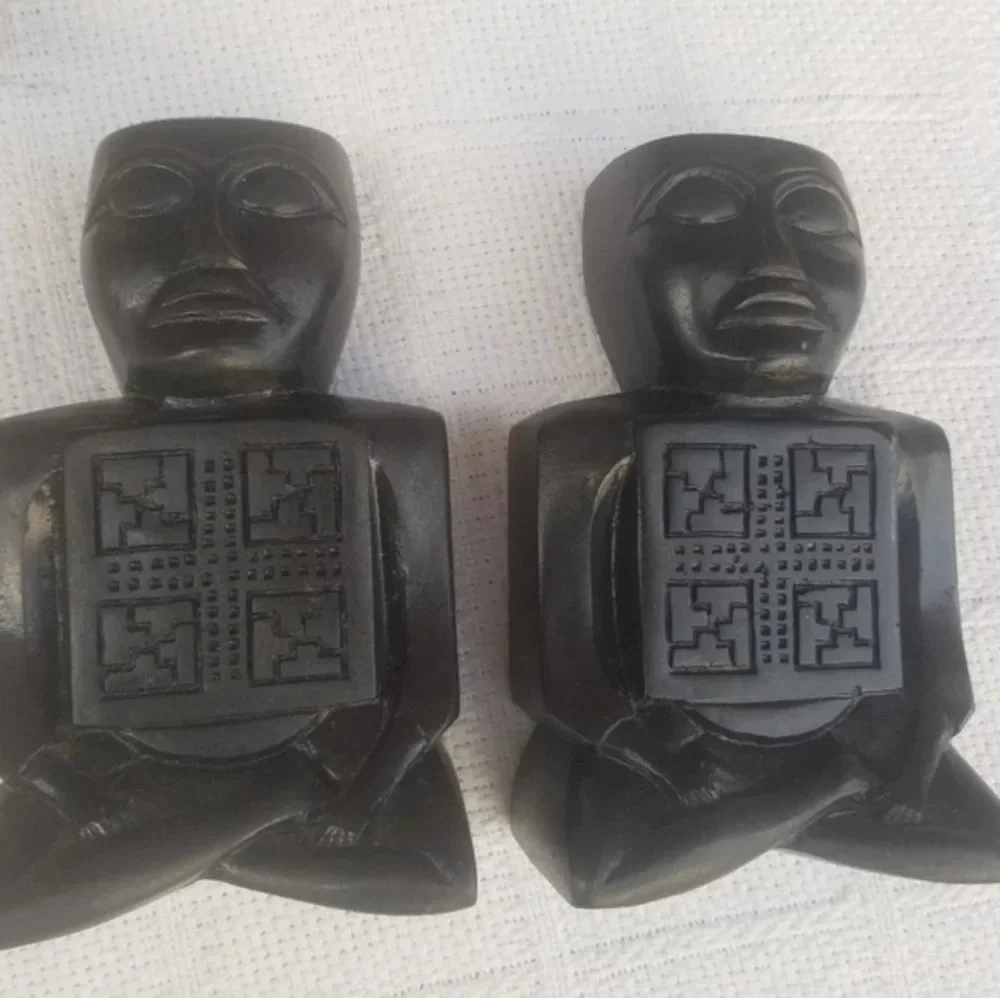 Vintage Mayan Figural Bookends Ebony Wood Hand Carved Black Sculptural Decor